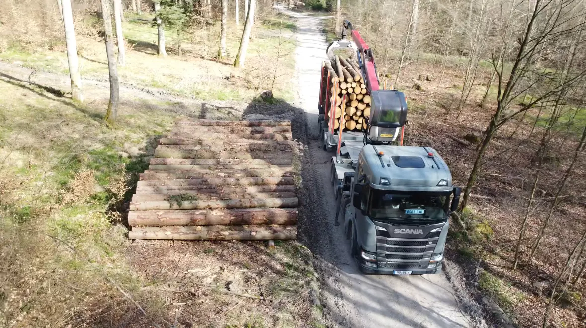 Voll beladener Woodsped-Holztransporter auf einer Waldstraße